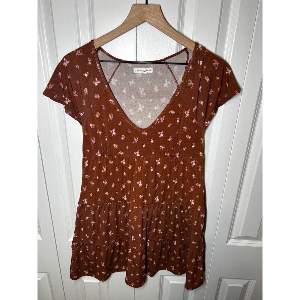 Aeropostale Floral V-Neck Tiered Babydoll Mini Dress Rust Brown Size M